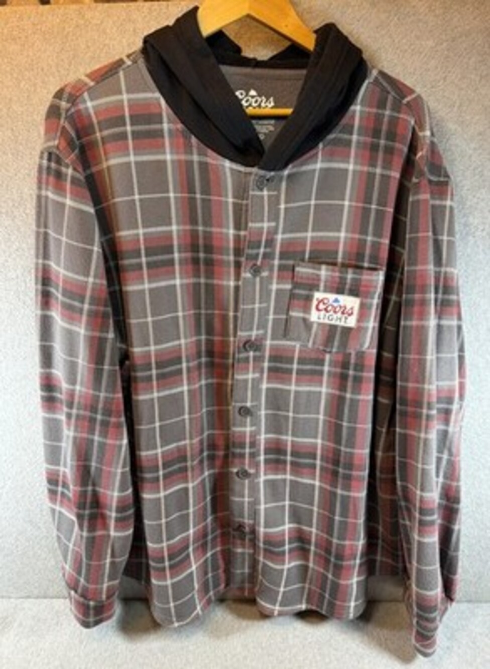 Coors Light Beer Men’s Size XXL Hooded Plaid Flannel Jacket Red, Gray & Black